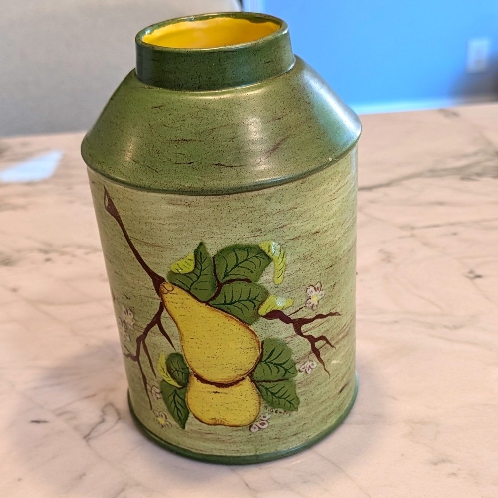 Vintage Hand Painted Ceramic Pear Tea Caddy Ginger Jar Sage Green Rustic Decor